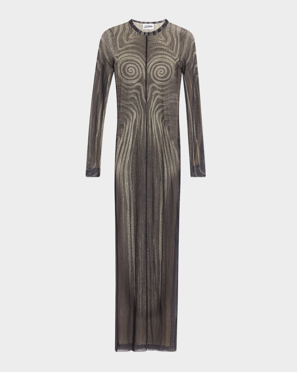 Spiral Mesh Long-Sleeve Maxi Dress